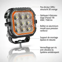 Vue de 3/4 gauche du projecteur LED carré Next‑Tech 45w 10cm 7500 lumens avec feu de jour orange sur fond studio