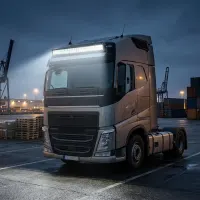 camion volvo gris de 3/4 sur un port au crépuscule équipé d'une barre LED incurvée Next‑Tech allumée en blanc pur