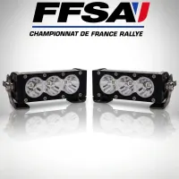 pack 2 rampes LED Next‑Tech homologuées FFSA rallye vues de face sur fond studio blanc, LED blanc pur éteintes, logo championnat