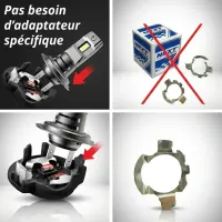 ampoule H7 LED Next‑Tech montée sans adaptateur sur son support d'origine, montage plug and play blanc 5000K