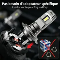 ampoule H7 LED Next‑Tech au format origine plug and play s'installant sans adaptateur spécifique, boîtier et clips barrés