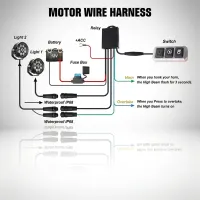 schéma de câblage motor wire harness du kit phares LED longue portée Next‑Tech avec relais, fusible et connectiques IP68