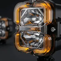 gros plan sur un feu LED carré Next‑Tech pour 4x4 à double optique et contour ambré, sur fond studio noir