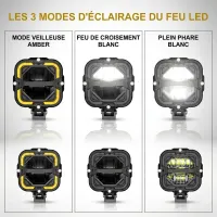 feux LED carrés Next‑Tech en 3 modes : veilleuse amber, feu de croisement et plein phare blanc 5000K sur fond studio