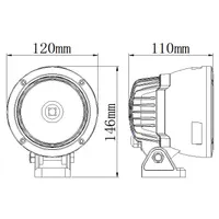 schéma technique coté d'un feu LED longue portée rond Next‑Tech, vues de face et de profil avec dimensions 120mm et 146mm
