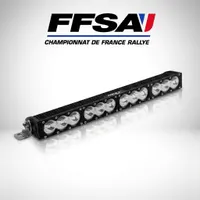 barre LED droite 120W 560mm Next‑Tech France sur fond studio blanc avec logo FFSA championnat de rallye, optiques blanches