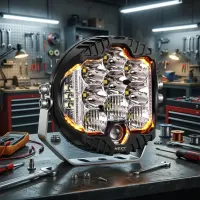 phare LED rond additionnel Next‑Tec avec feu de position orange allumé, sur établi en inox  d'atelier