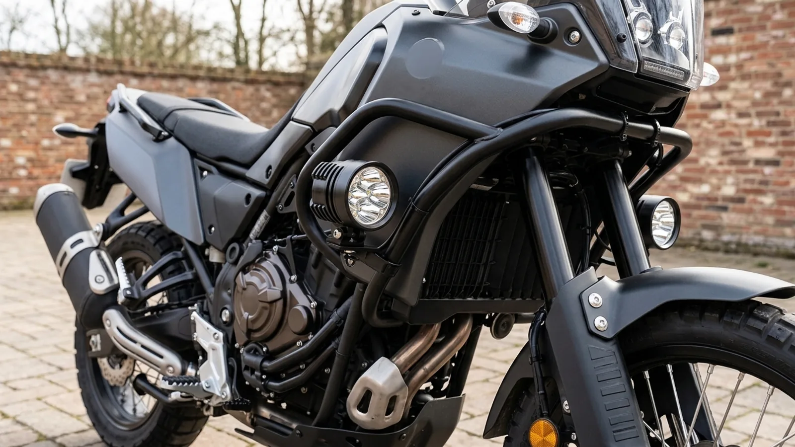 Feux additionnels LED Next-Tech fixés par colliers sur les crash bars d'une moto trail, à hauteur égale